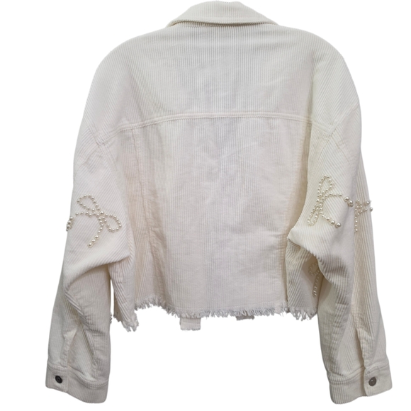 Nwot Peach Love Ivory Cordoroy Pearl Bows Cropped Raw Edge Collared Jacket - Picture 5 of 17